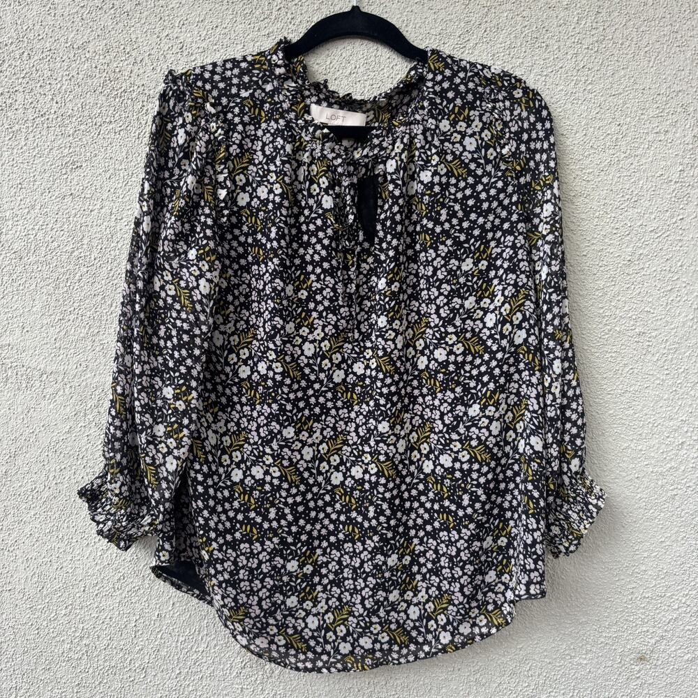 Loft Blouse Floral Women's Long Sleeve Black White Flowers Tie Front Medium